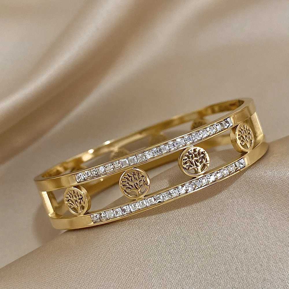 Tree Of Life Stainless Steel Bangle Bracelet for Women Double Layer Inlaid Zircon Gold Color Cuff Bracelets Jewelry Gifts Y250904