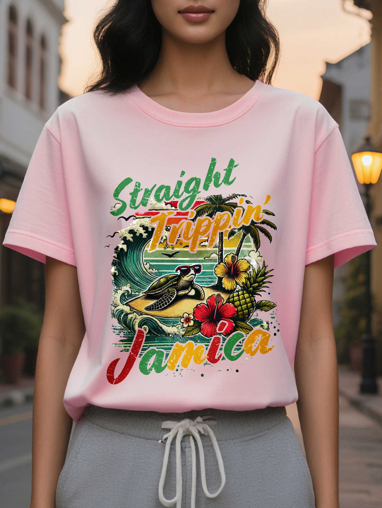 Women's elegant cuffs T-shirt, white tropical print with Straight Outta Taino Jamaica palm tree and wave design