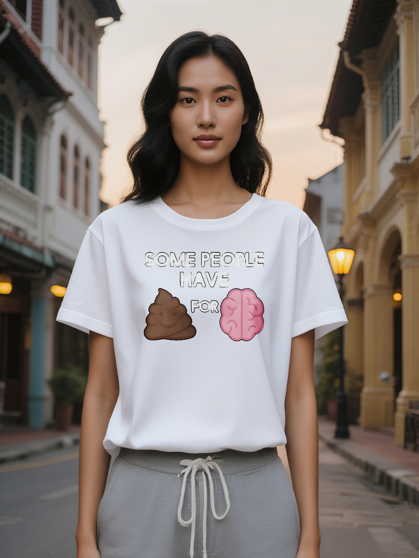 Lady Humorous Graphic T-Shirt Some People Have Poop Brain Design Black Casual Round Neck Summer Tee Washable