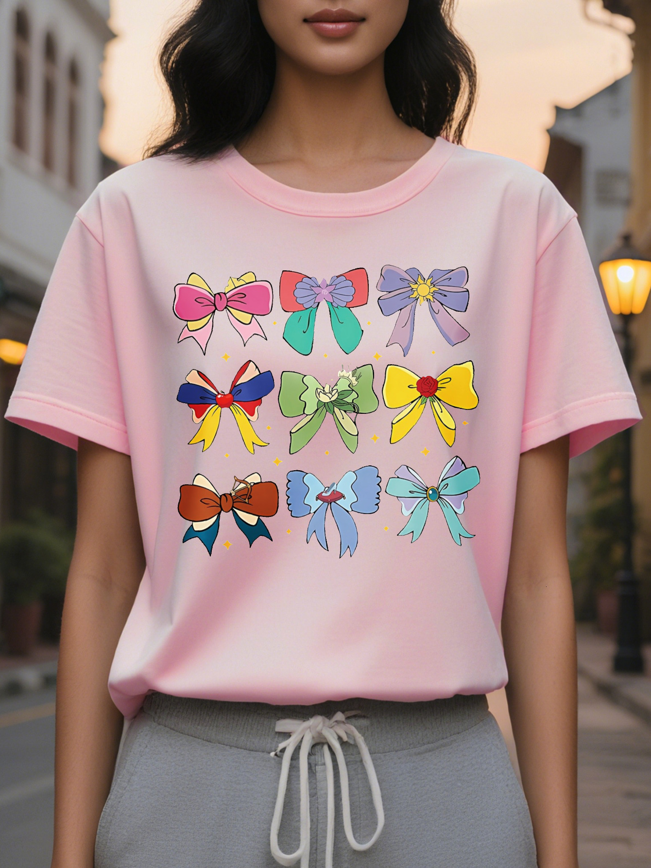 Large XL Women's Crew Neck T-Shirt with Bow and Butterfly Short Sleeve Summer Style Light Blue Jeans All-Season Top Casual Plus Size