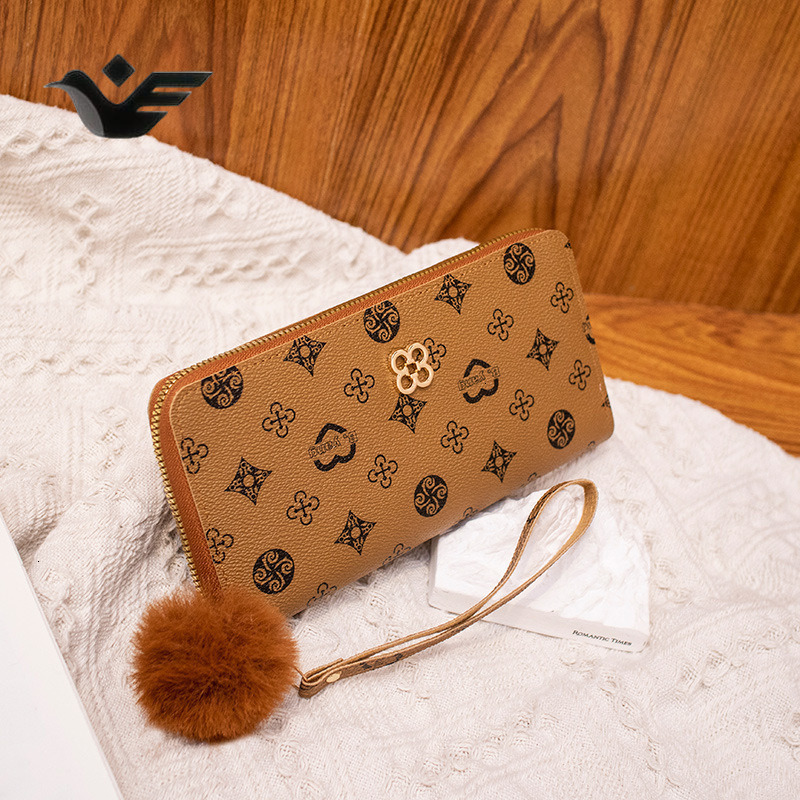 Feiyan Free Shipping New Designer Bag Luxury Shopping Bag Women's Wallet Fashion Printed Medium Long Clutch Trendy Girl Pom Pom Decorated Coin Pu