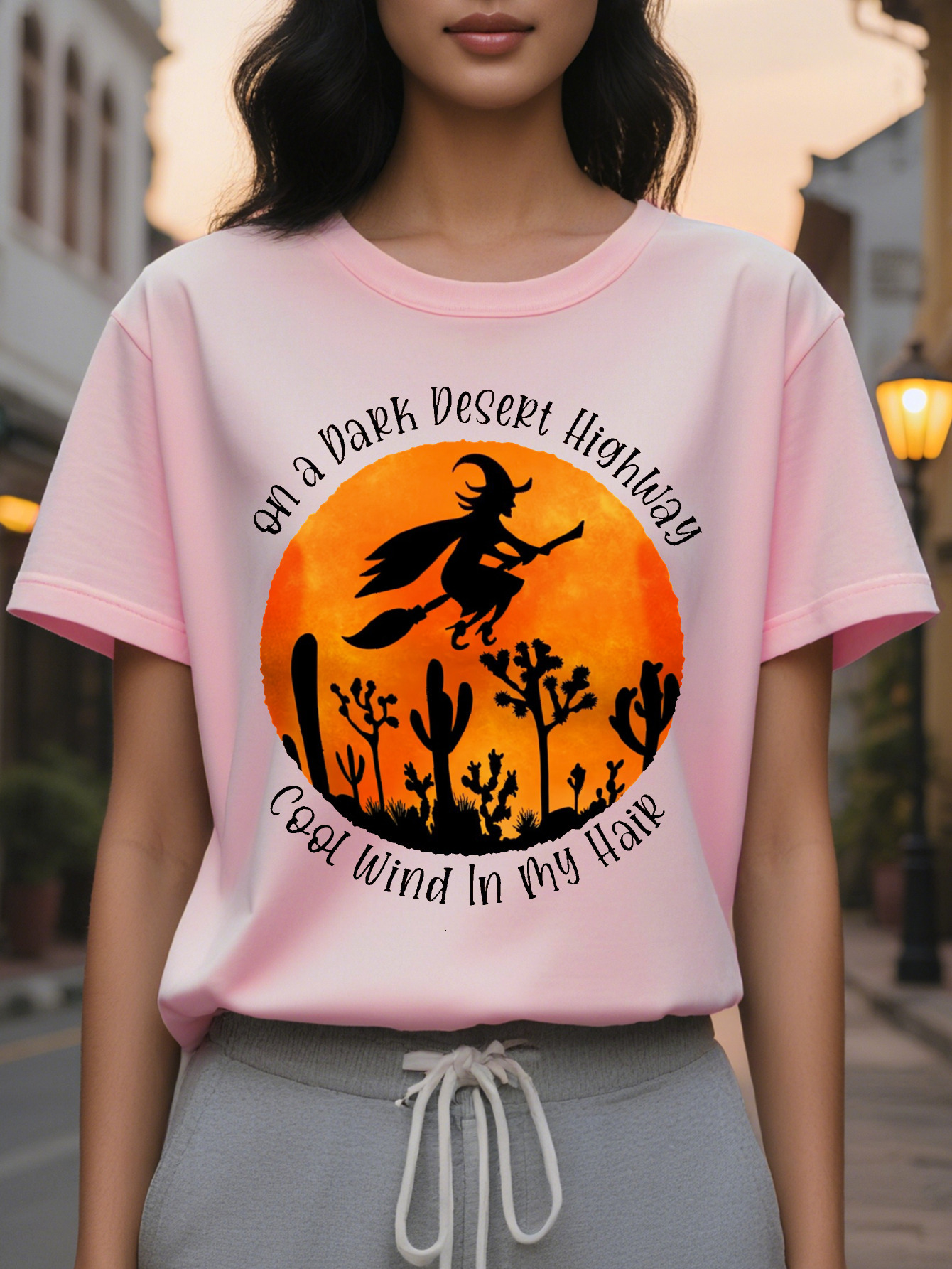 Women's Halloween T-Shirt Olive Green with Flying Witch Cactus Moon Design Lightweight Stretchy Costume Party