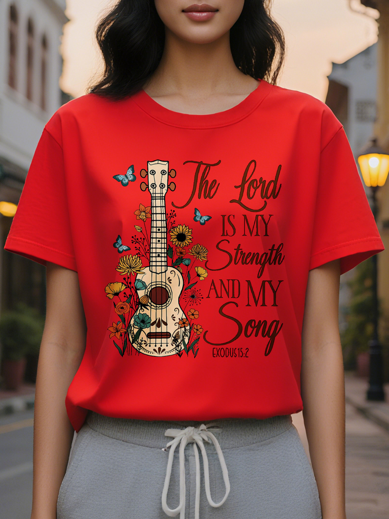 The Lord is Strength My Song Pattern T-Shirt White Short Sleeve Round Neck Top with Spring and Summer Design