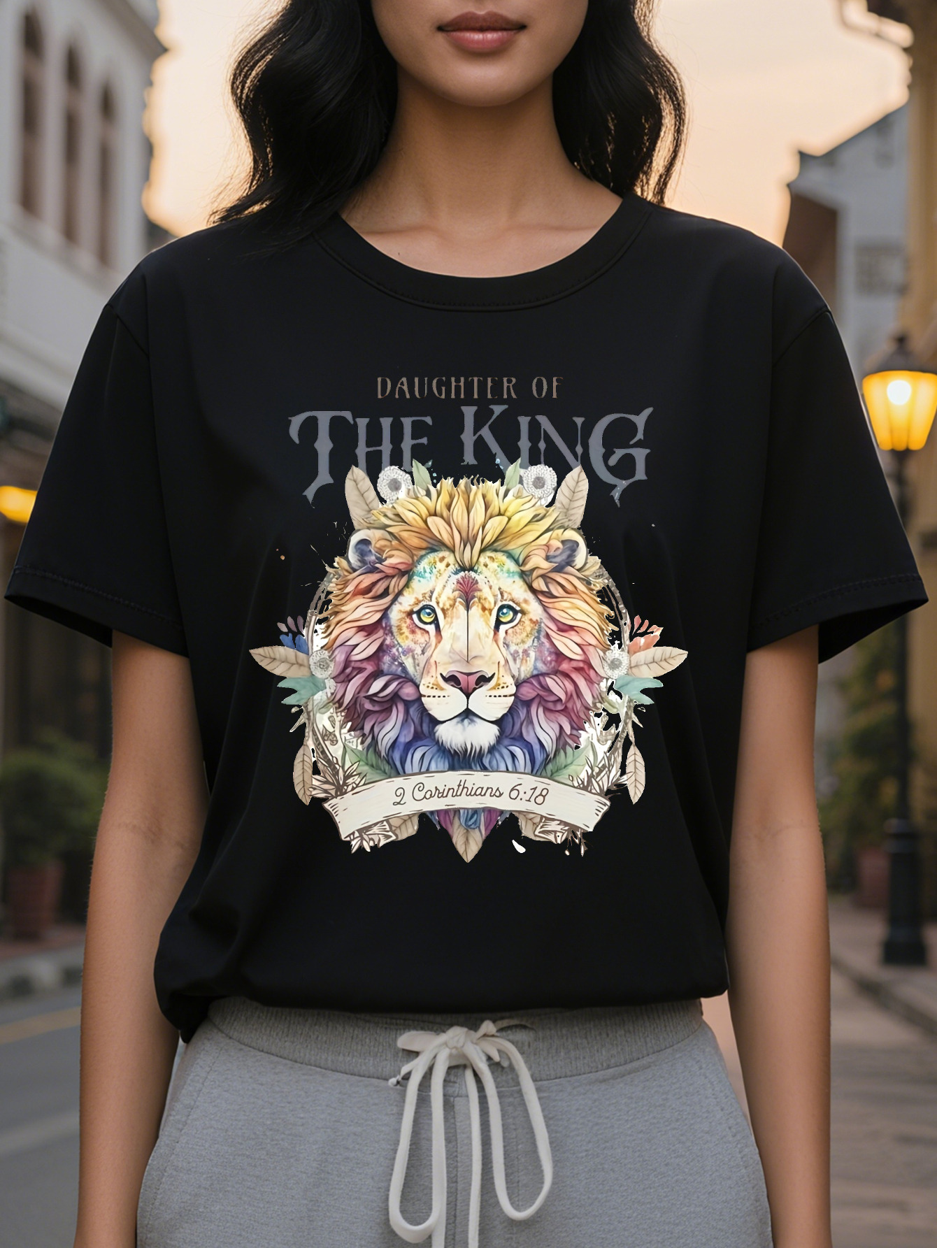 Large XL Vibrant Lion Print Crew Neck Short Sleeve T-shirt Soft Micro Elastic Cotton Fabric Casual Relaxed Fit Perfect for Plus Size