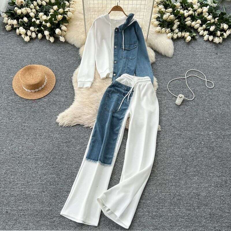 Casual Suit For Women Fashionable Design Hooded Sweatshirt High Waist Denim Splicing Wide Leg Pants Two Piece Set
