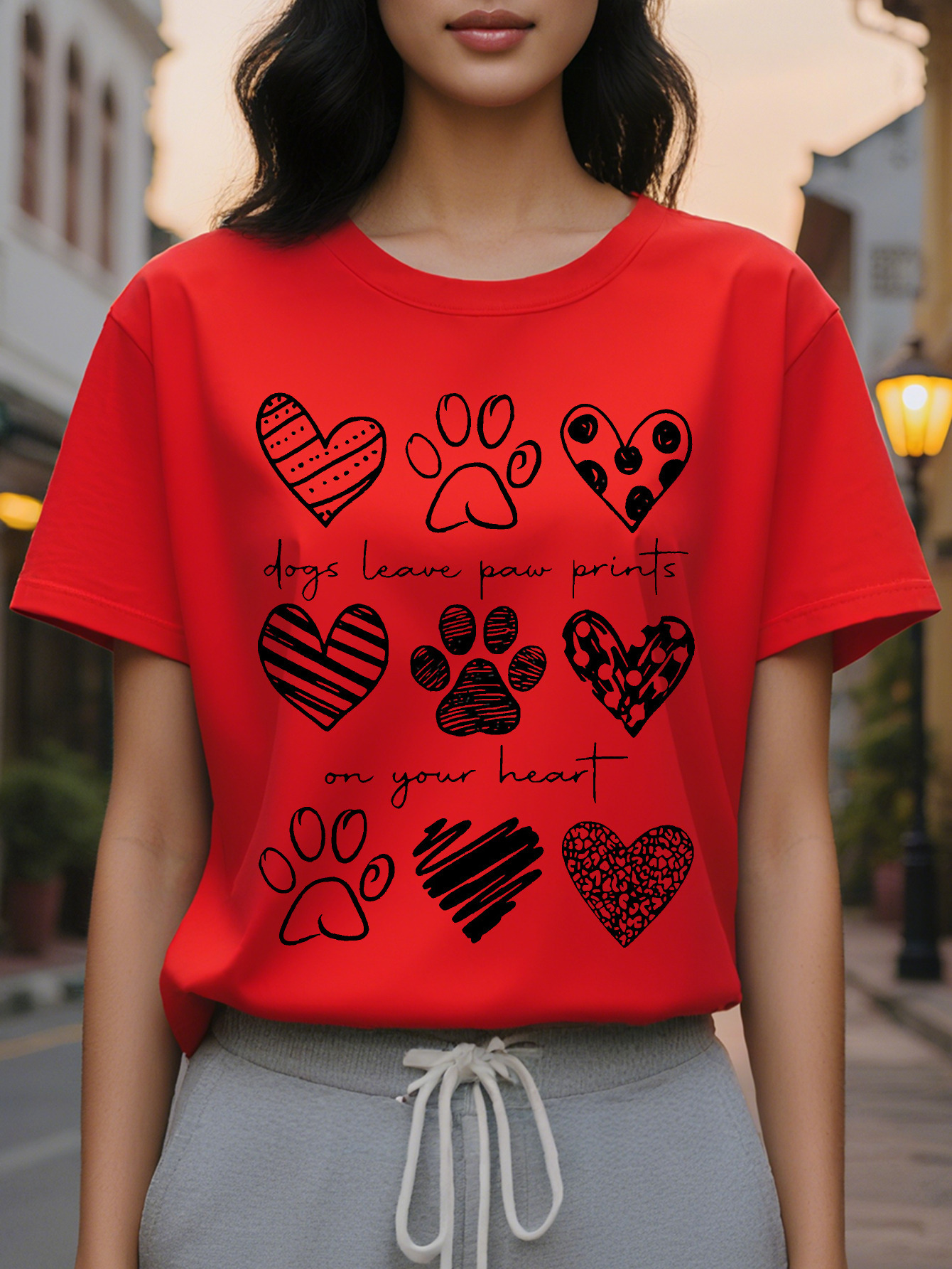 Women's Cute Print Short Sleeve T-Shirt Dogs Leave Paw Marks On Your Heart Design White Round Neck Casual Top Spring