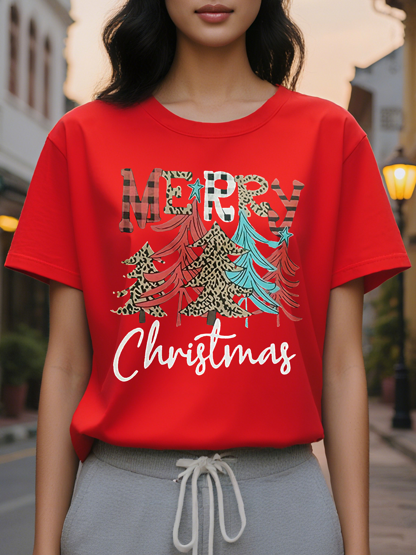 Christmas Tree Print Crew Neck T-shirt Casual Short Sleeve Top for Spring Summer Women's Clothing