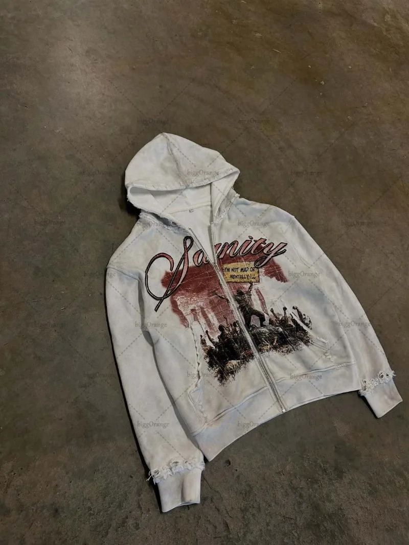 Fashion Harajuku High Street HipHop Oversized Zipper Hood Men Y2K Punk Retro Rock Letter Print Casual Sweatshirt Women 250904