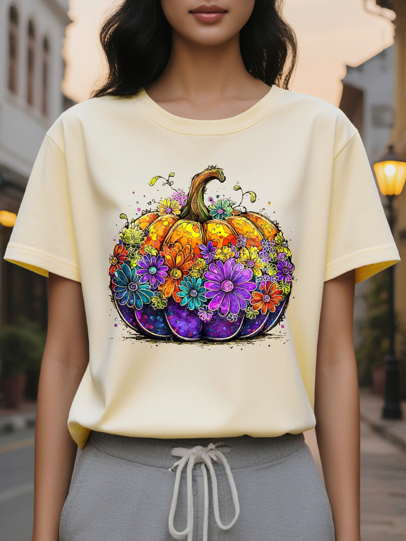 Large XL Women S Floral Print Crewneck Sweatshirt Cozy Casual Pullover Soft Beige with Vibrant Orange Pumpkin Purple Flowers Plus Size