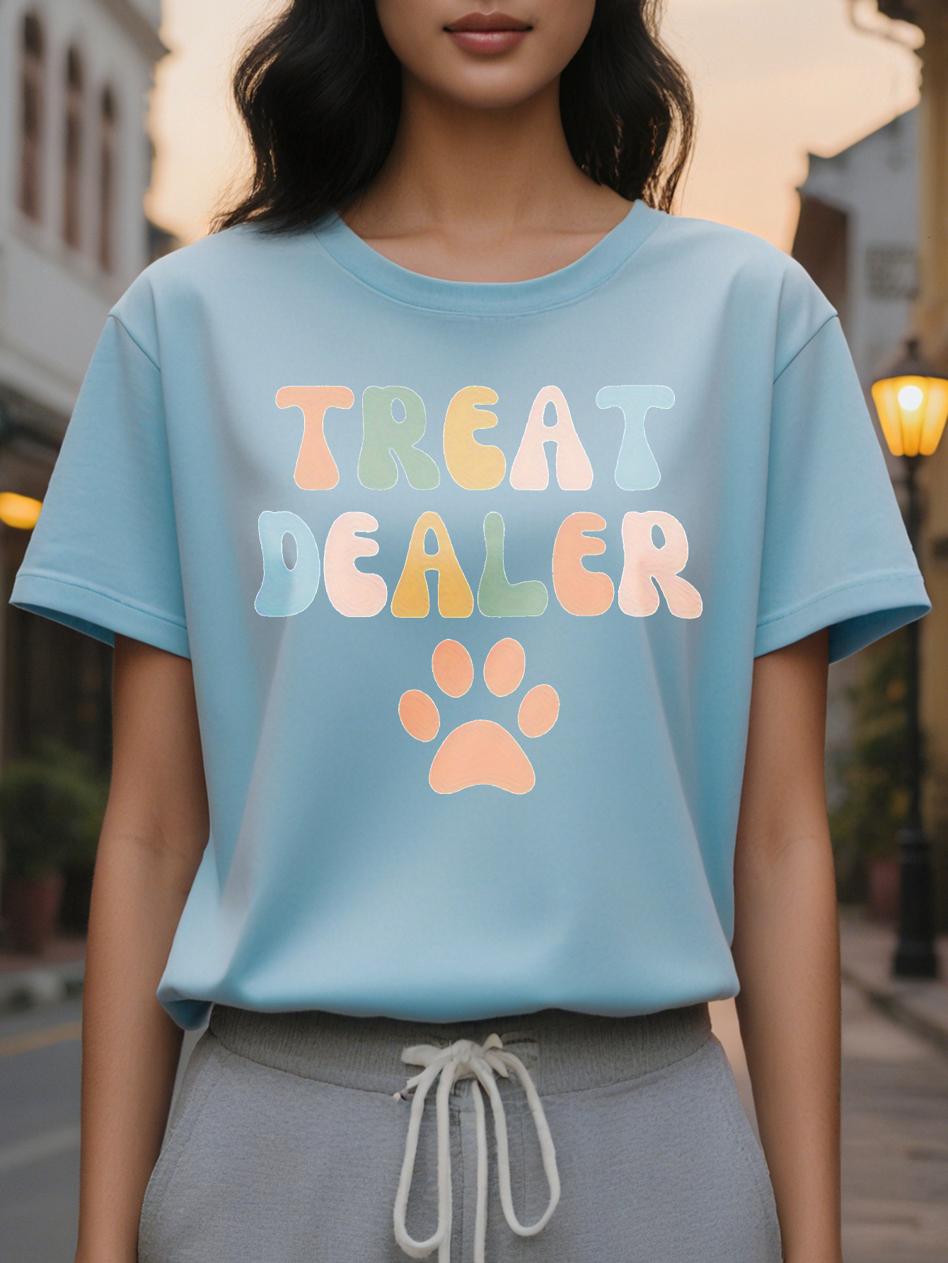 Large XL Casual Crew Neck T-Shirt Women with Treat Dealer Print Cotton Rayon Spandex Blend Knit Fabric Alphabet Pattern Plus Size