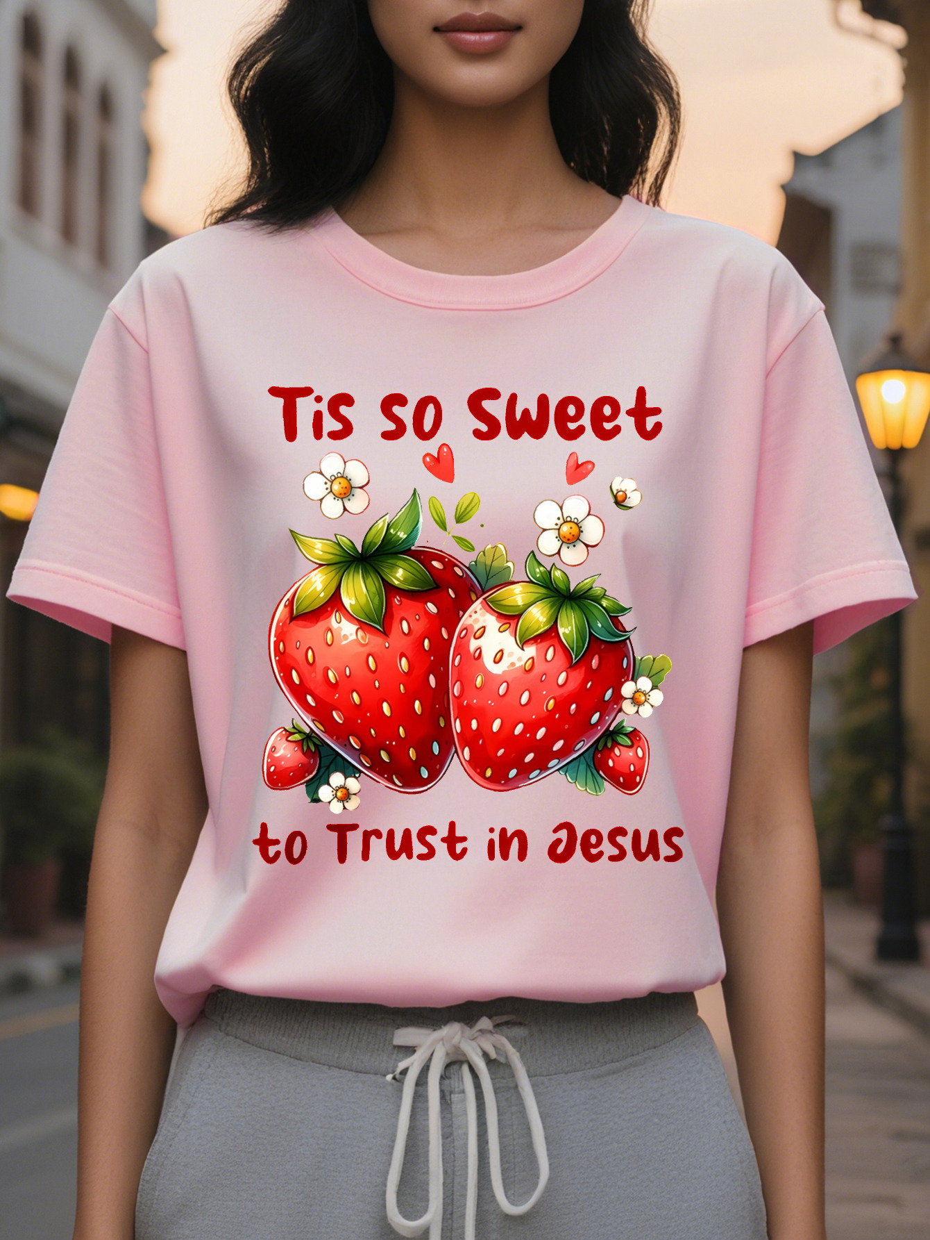 This sweet strawberry short sleeved T-shirt with round neck is a casual top suitable summer and spring for women