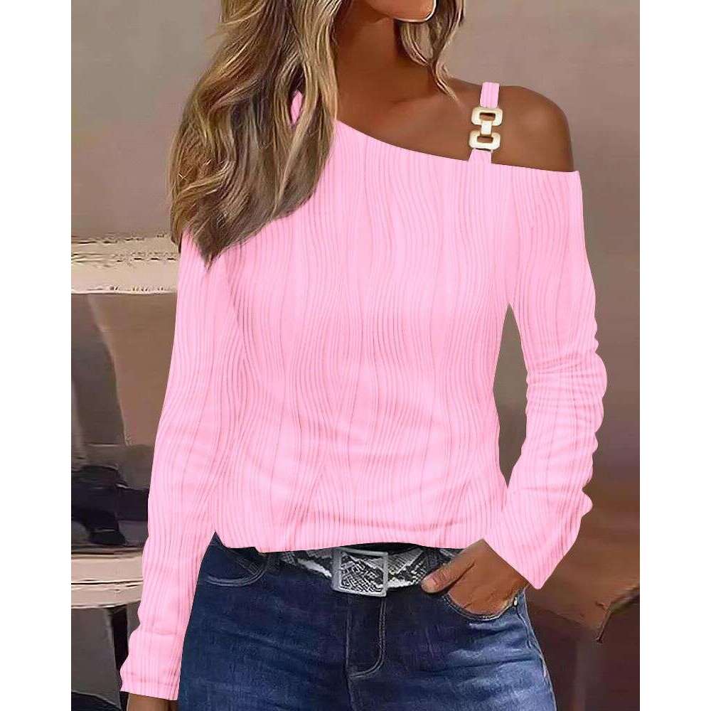 Women's Clothing Best-Selling Slim-Fit Water Ripple Slanted Shoulder Top