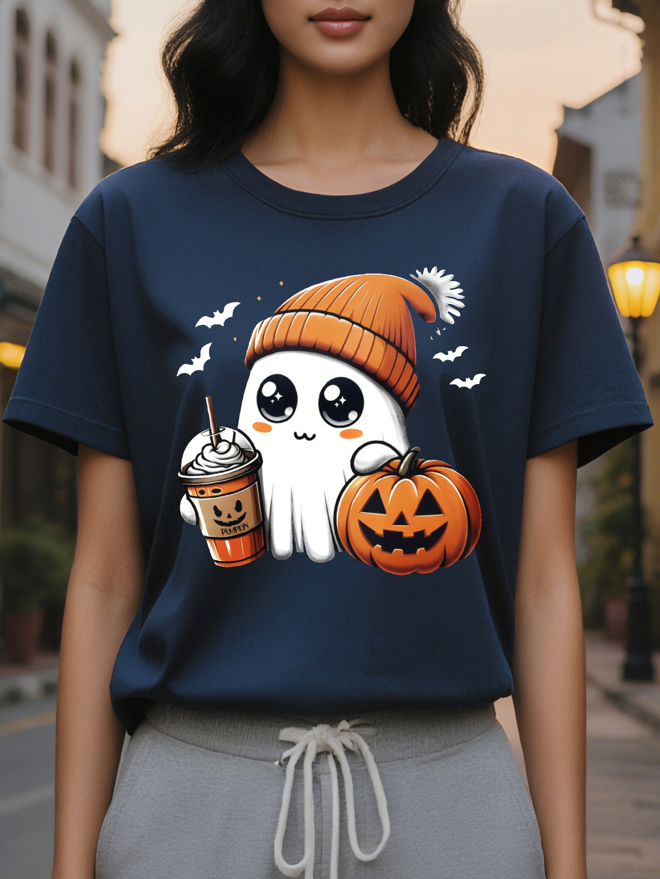 Women S Casual Crew Neck T-Shirt with Pumpkin Ghost Applique Cotton Knit Fabric Regular Fit Fall Season Top