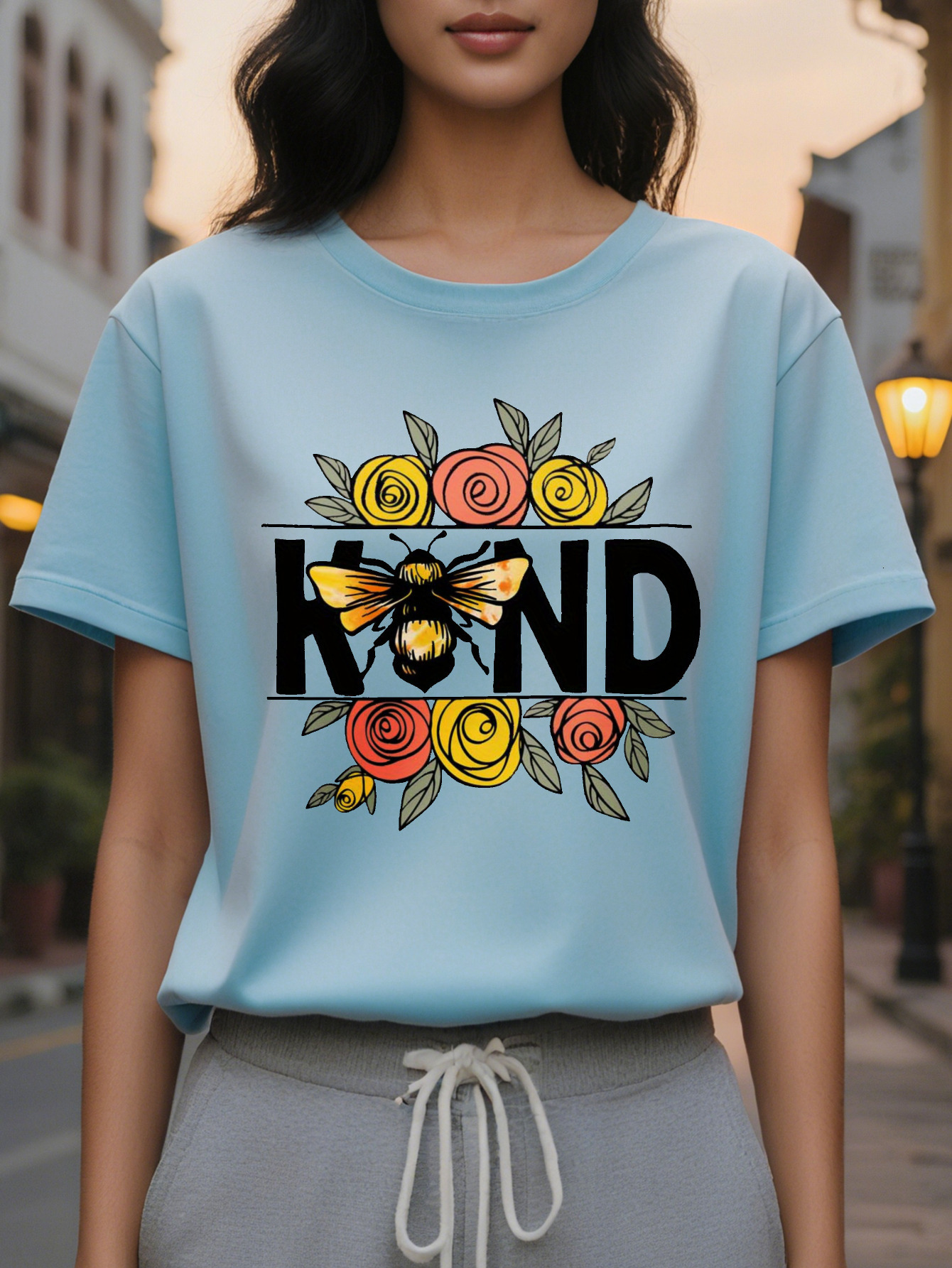 Women's Be Kind T-shirt, white shirt with eye-catching KIND letters, floral decoration, soft for daily summer wear