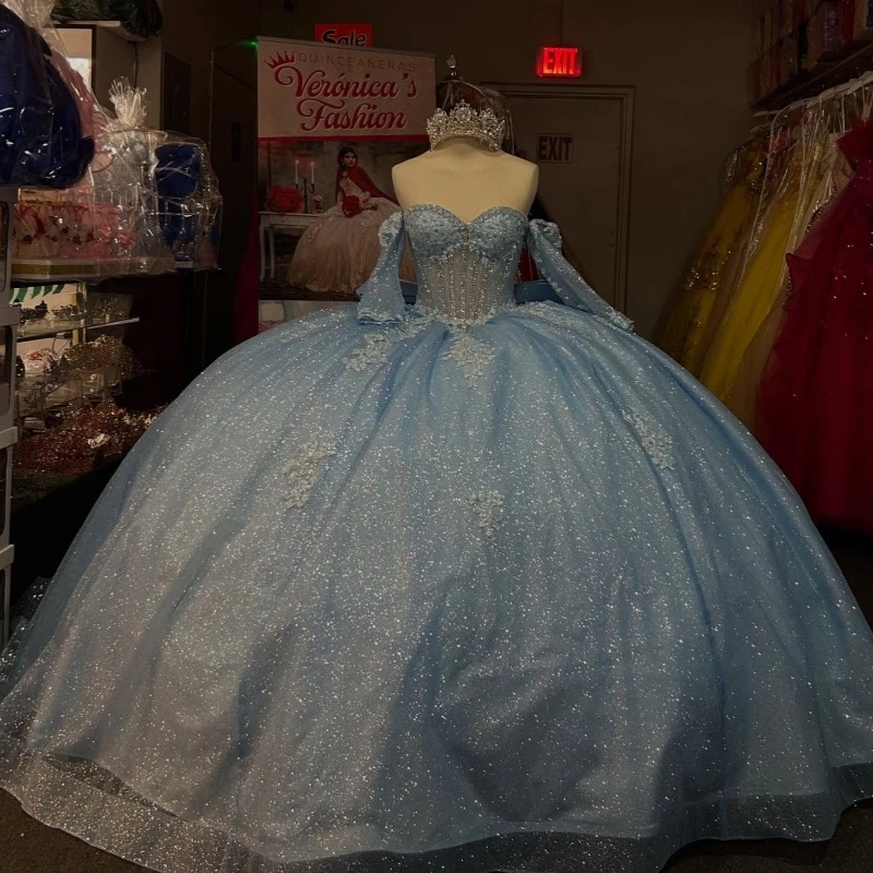 Sky Blue Shiny Quinceanera Dresses Ball Gown Off The Shoulder Applique Beads Bow Tull Sweet 16 Dress Vestidos 15 De Anos