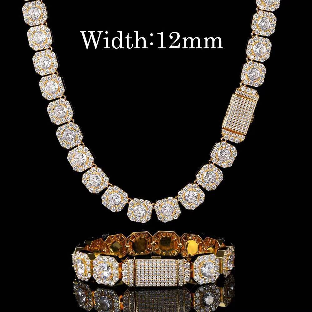 High Quality 10mm 12mm Silver Gold Plated Link Chain Necklace Hip Hop Style Iced Diamond Cluster Tennis Chain Zircon Main Stone