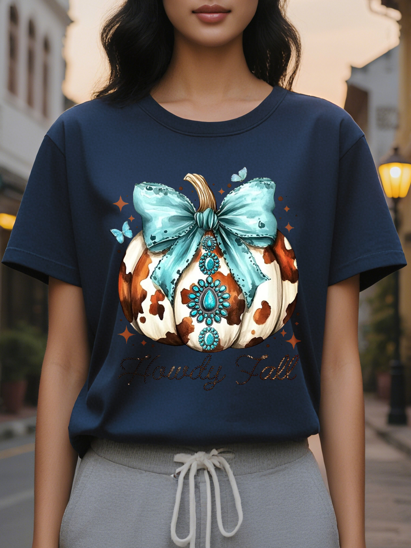 Pumpkin Print Crew Neck T-shirt Casual Short Sleeve Top for Spring Summer Women's Clothing