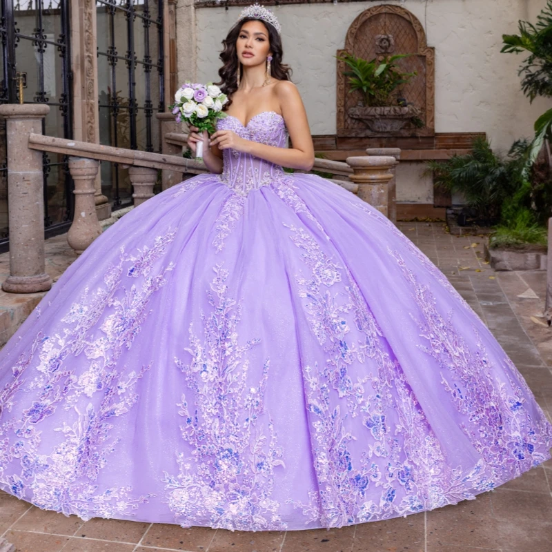 Lavender Shiny Quinceanera Dresses Ball Gown Off The Shoulder Applique Lace Beads Tull Party Sweet 16 Dress Vestidos 15 De Anos
