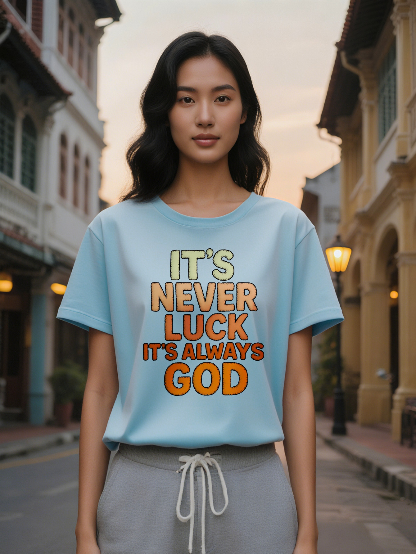 Large XL Women's Casual T-Shirt with Inspirational Never Luck It's Always God Print Black Orange Light Green Lettering Soft Plus Size