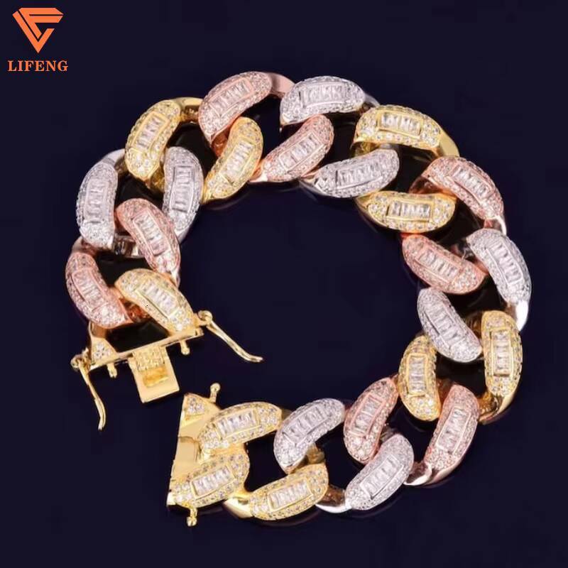 New Design Fashion Jewelry Iced Out 20mm Three Tone Plated Cuban Link Chain Baguette VVS Moissanite Bracelets Hiphop for Women