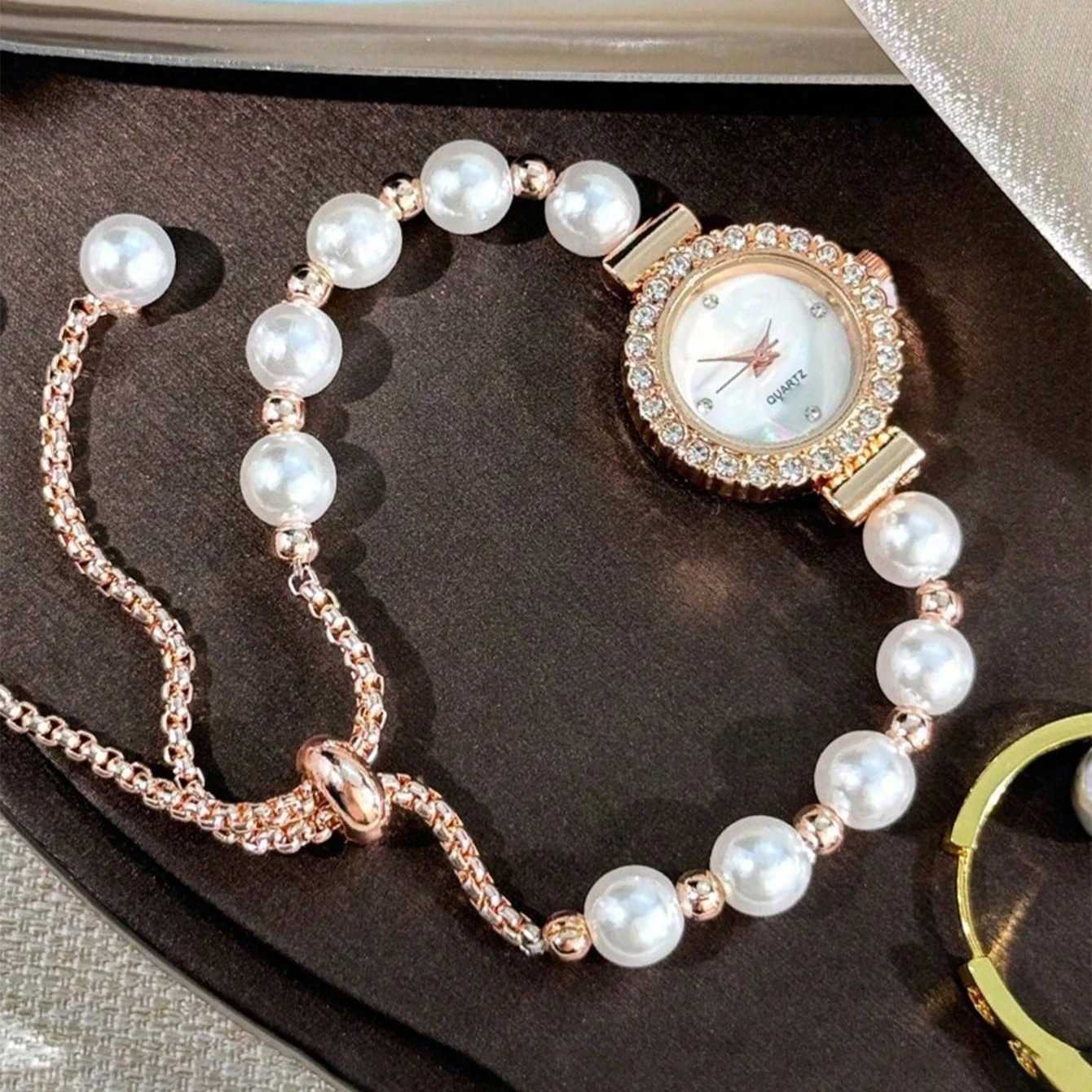 Ladies white bead bracelet cpact and exquisite with diamond inlaid case simple rhinestone dial fashionable quartz watch X250904