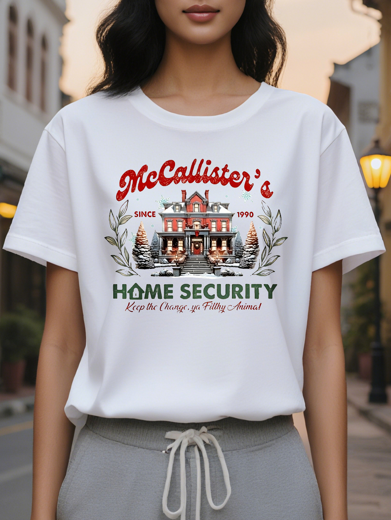 Women Cozy Crew Neck with Festive McCallister S Home Security Graphic Beige Holiday Themed Design Allseason