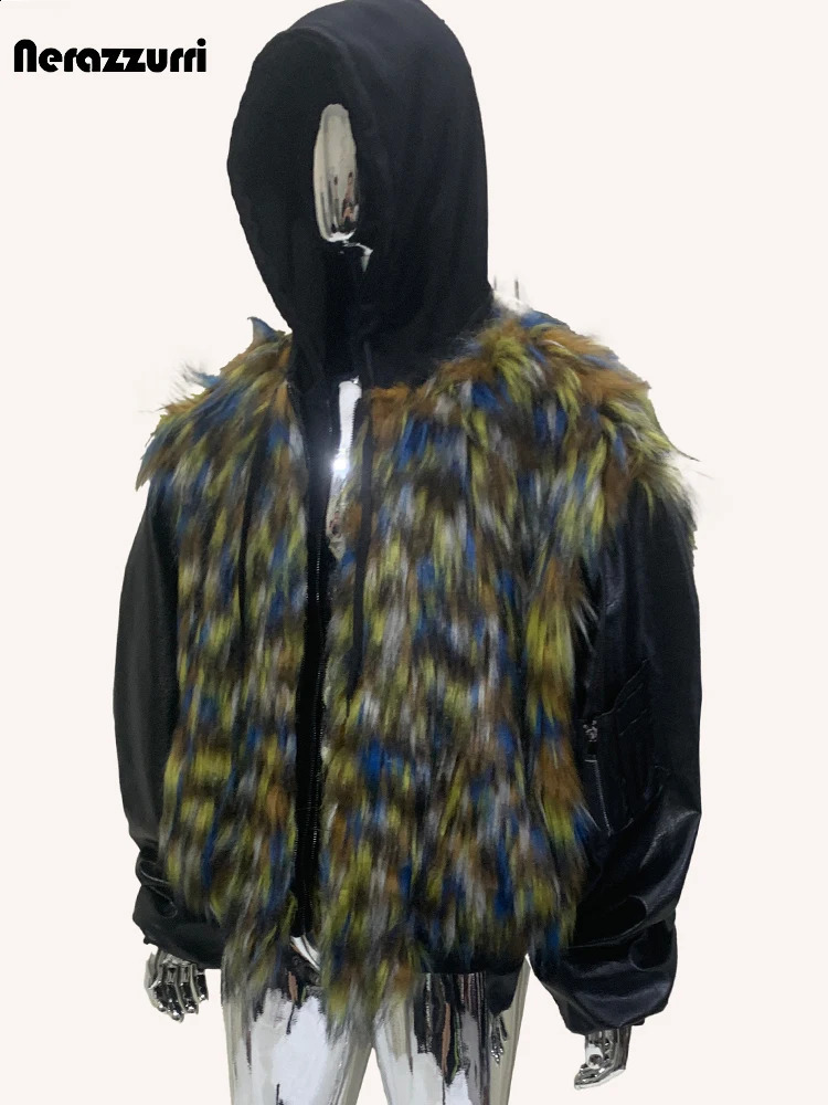 nerazzurri Autumn Winter Cool Oversized Thick Warm Patchwork Faux Fur Coat Men 2 Pieces Clothes Hoodie Fluffy Jacket 250904