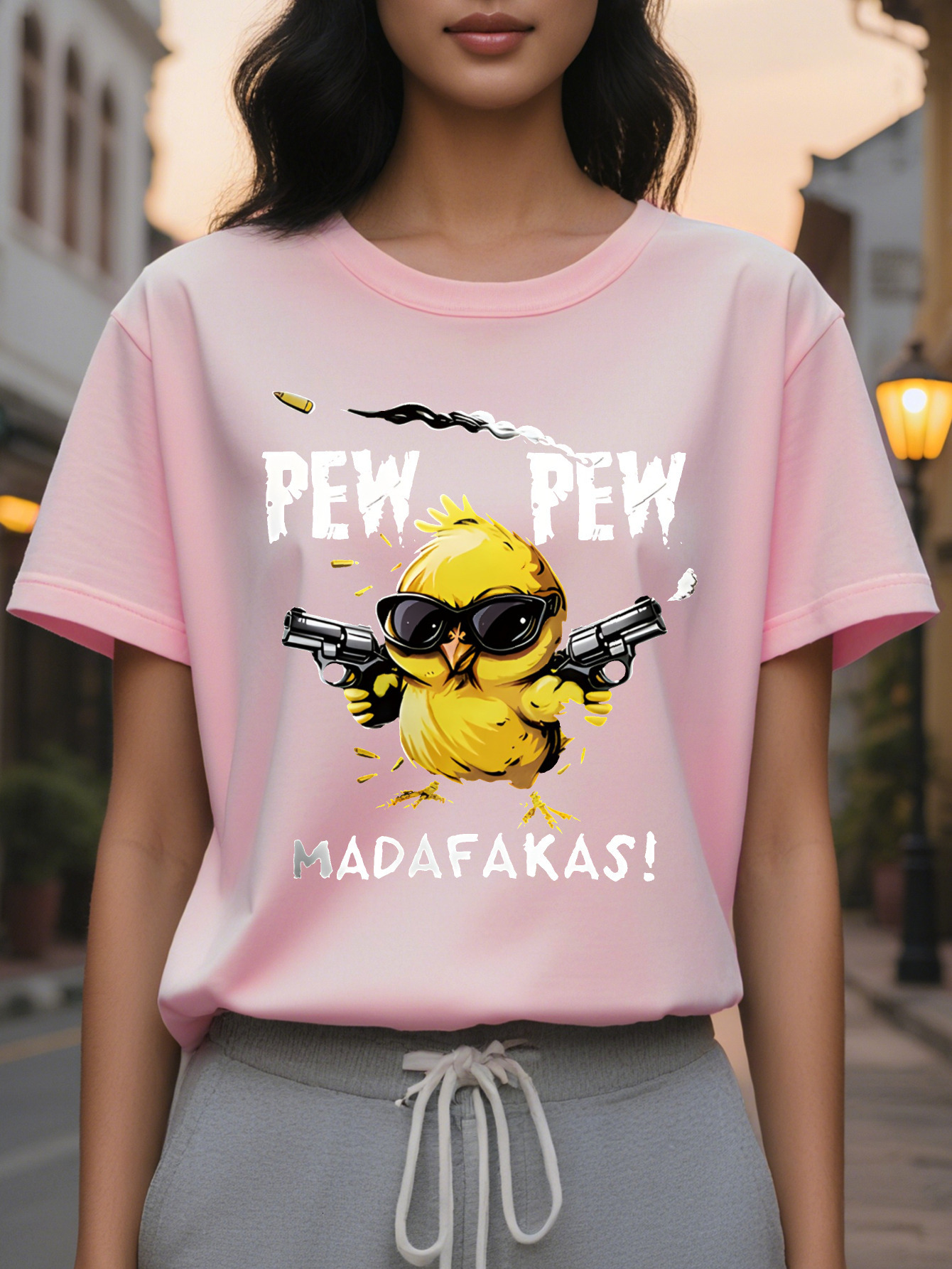 Ladies Casual Short Sleeve T Shirt Black Cartoon Chick Wear Fashion Glasses with Gun Pattern PEW MADAFAKAS
