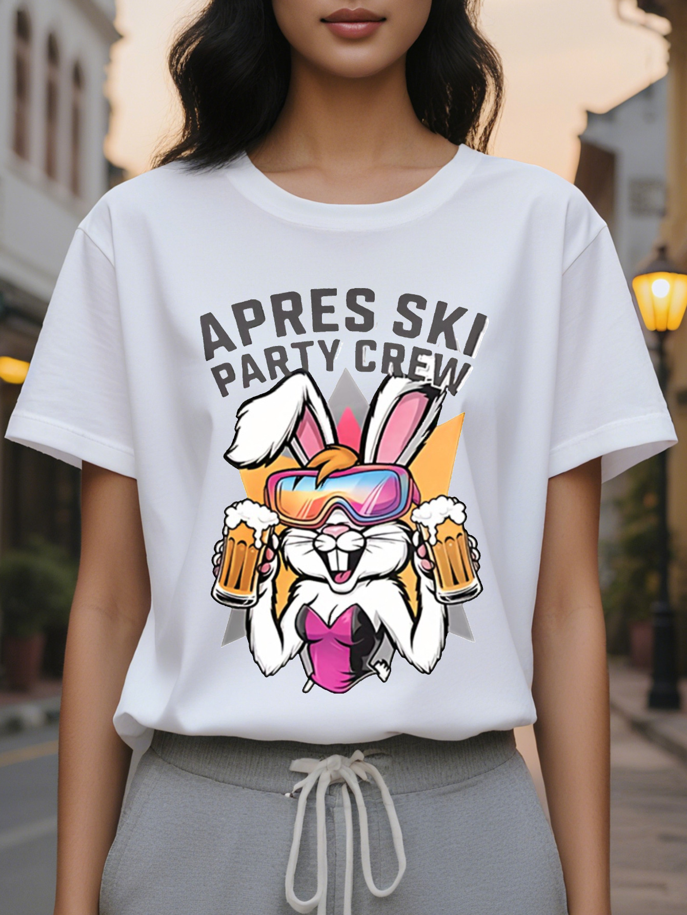 APRES SKI Women's Pattern Short Sleeve T-shirt Fun Rabbit Beer Cup Design Breathable Semi-permeable Fabric Loose