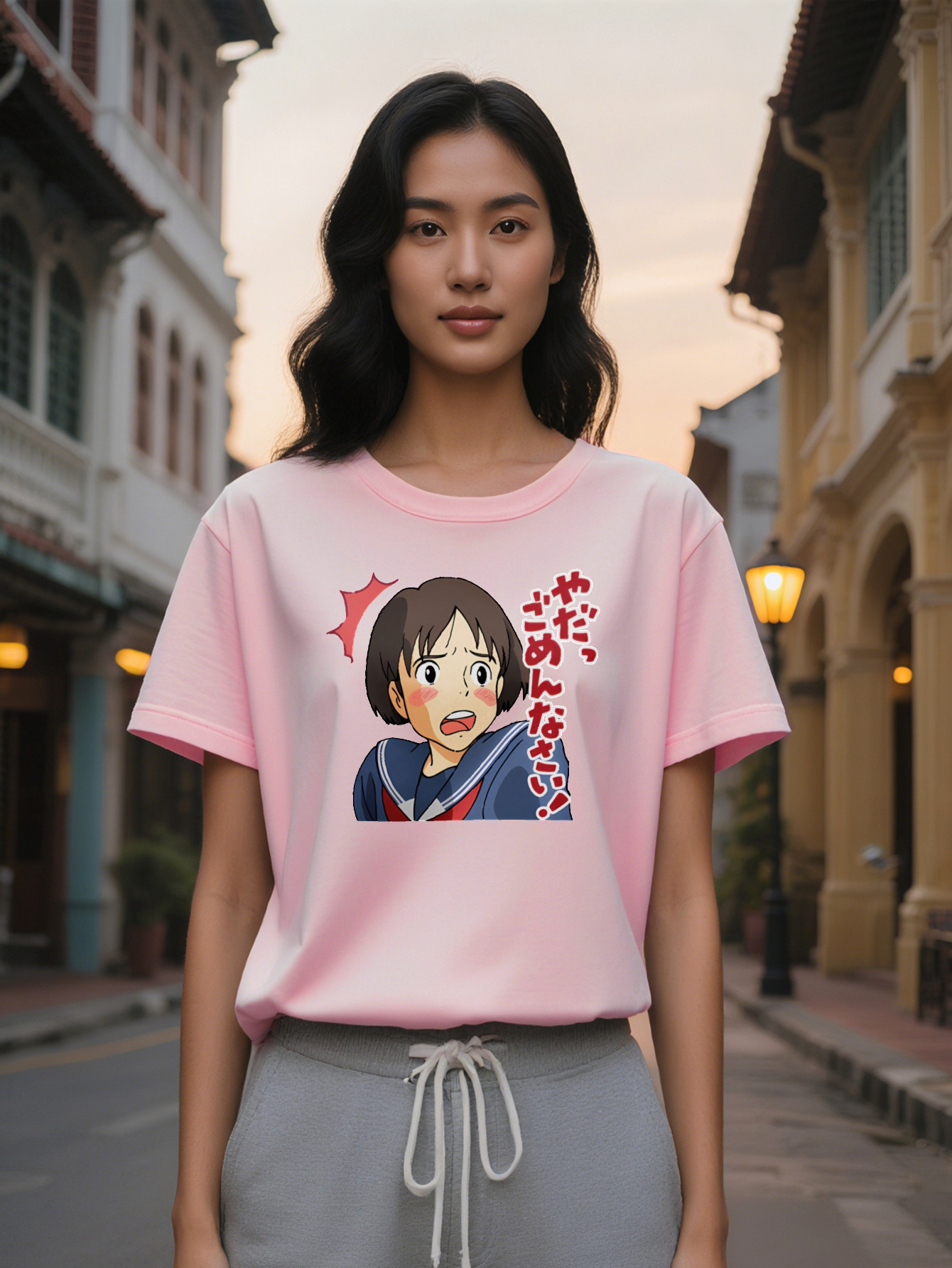 Large XL Casual Round Neck T-Shirt with Anime Print Black Short Sleeve Tee Featuring Crying Girl Character Design Perfect Gift Plus Size
