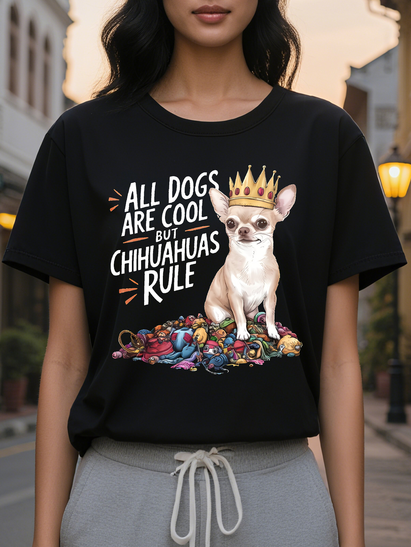 Large XL Women S Chihuahua Puppy Print T-Shirt Casual Crew Neck Short Sleeve Top Cotton Knit Fabric Slight Stretch Plus Size