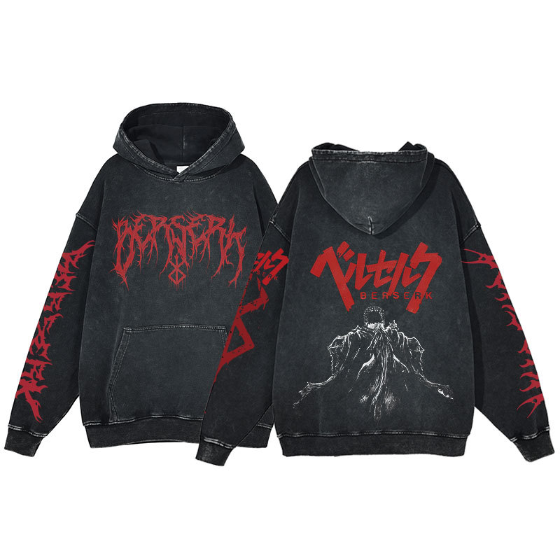 American Vintage Washed Hoodie for Men and Women Hip-Hop Sword Art Online Dark-Themed Print Hoodie Distressed Hooded Sweatshirt - CJ7910