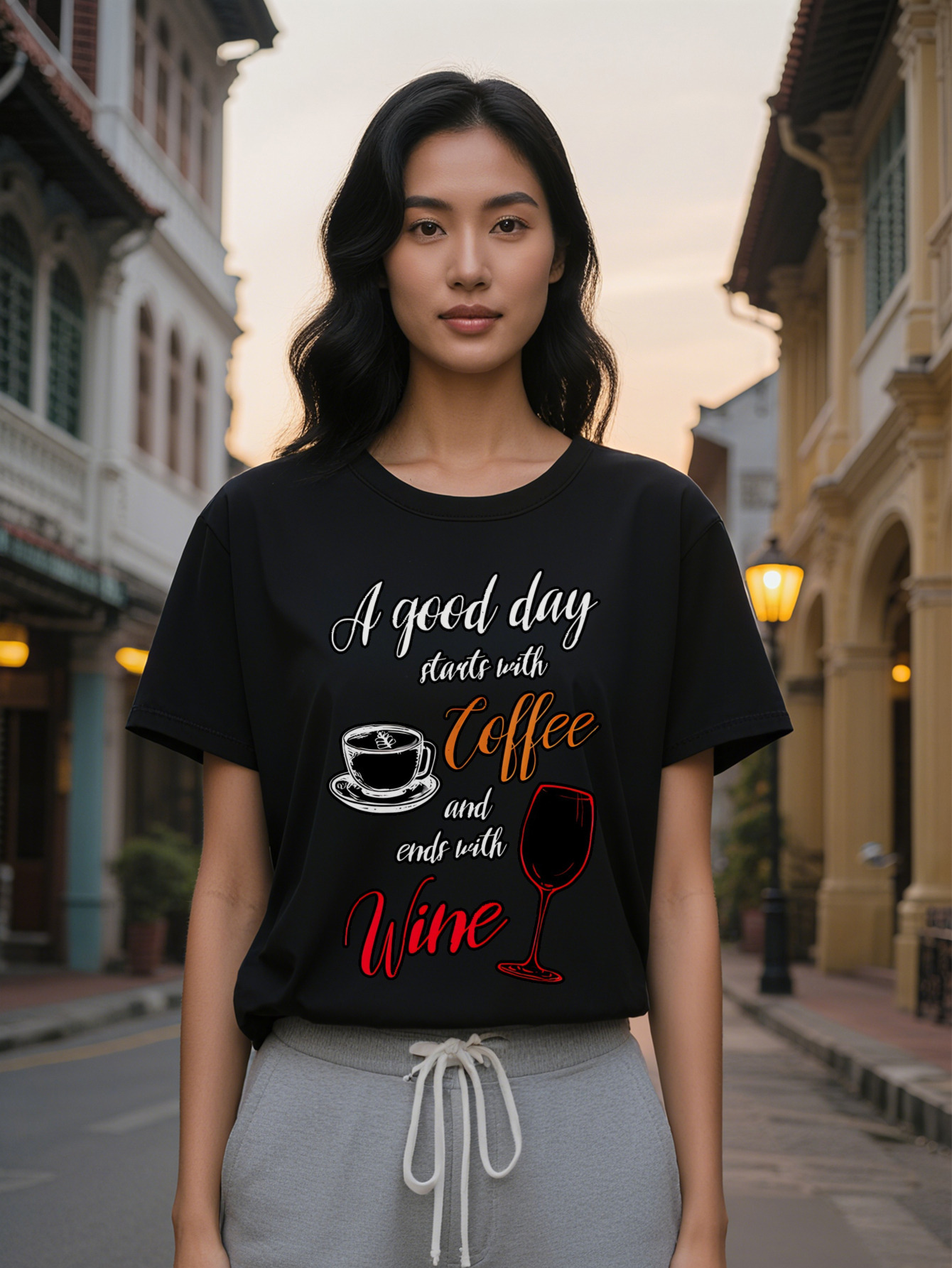 Large XL Lady Crew Neck T-Shirt A Good Day Starts with and Wine Print Slight Stretch Fabric Regular Fit Tee Perfect Gift for Plus Size