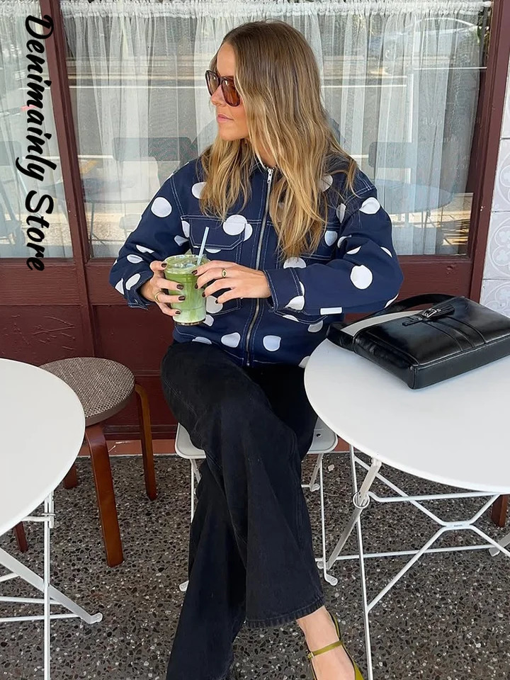 Fashion Polka Dots Blue Denim Jacket Pants Set Women Lapel Full Sleeve Zipper Top Wide Leg Trousers Autumn Lady Outfits 250904