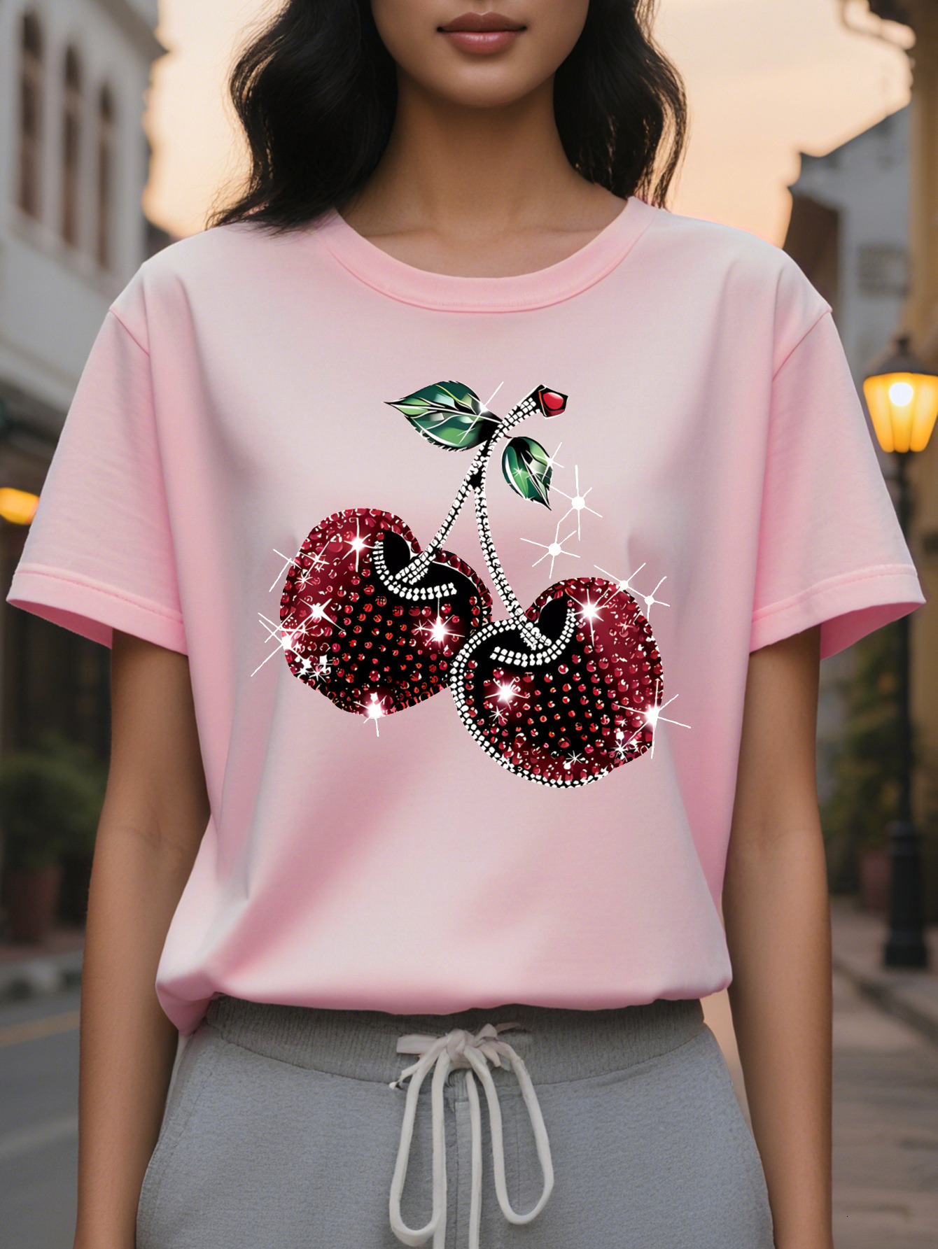 Large XL Cherry Fruit Circle Print T-Shirt Short Sleeve Round Neck Casual Wear Plus Size