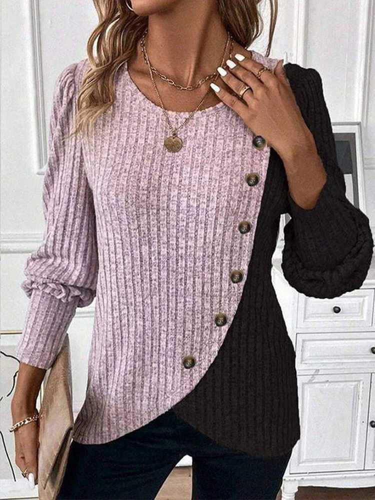 Autumn Long Sleeve Buttons Pit Striped Women Sweaters Contrast Color Long Sleeve ONeck Pullovers Loose Simple Knitted Clothing M250904