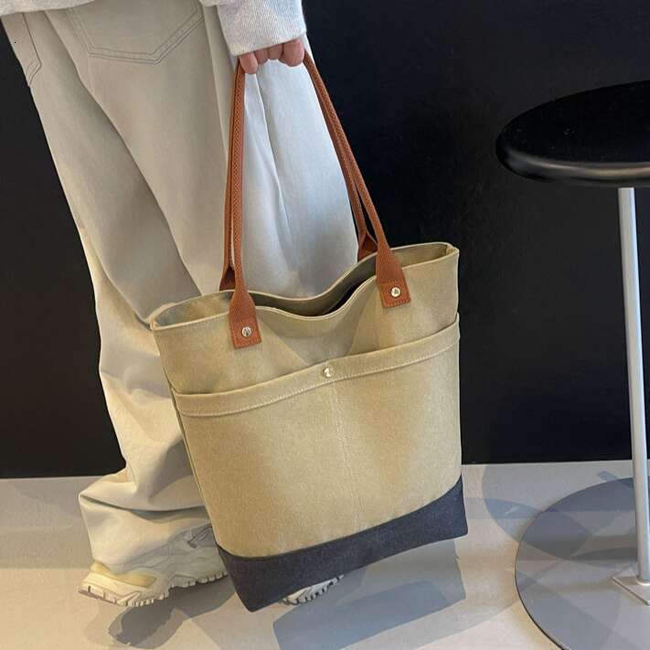 Korean Fashion Patchwork Large Capacity Thick Bucket Canvas 2025 New Style Textured Casual Versatile Shoulder Bag