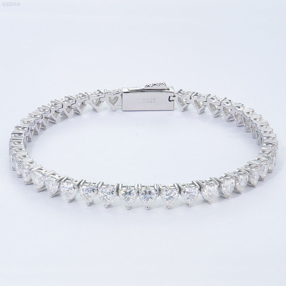 White Gold Plated Hiphop Jewelry 6mm Tennis Link Chain with 33 Heart Moissanite 925 Silver Bracelet
