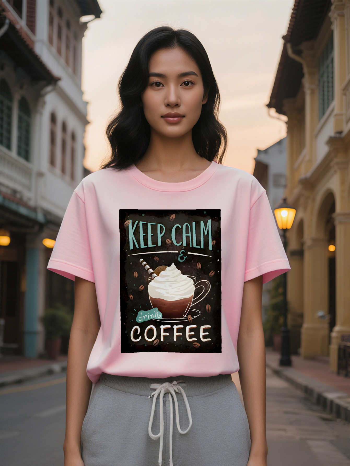 Lady Casual Graphic T-Shirt Keep Calm Drink Print with Beans Latte Art Black Round Neck Summer Tee Washable