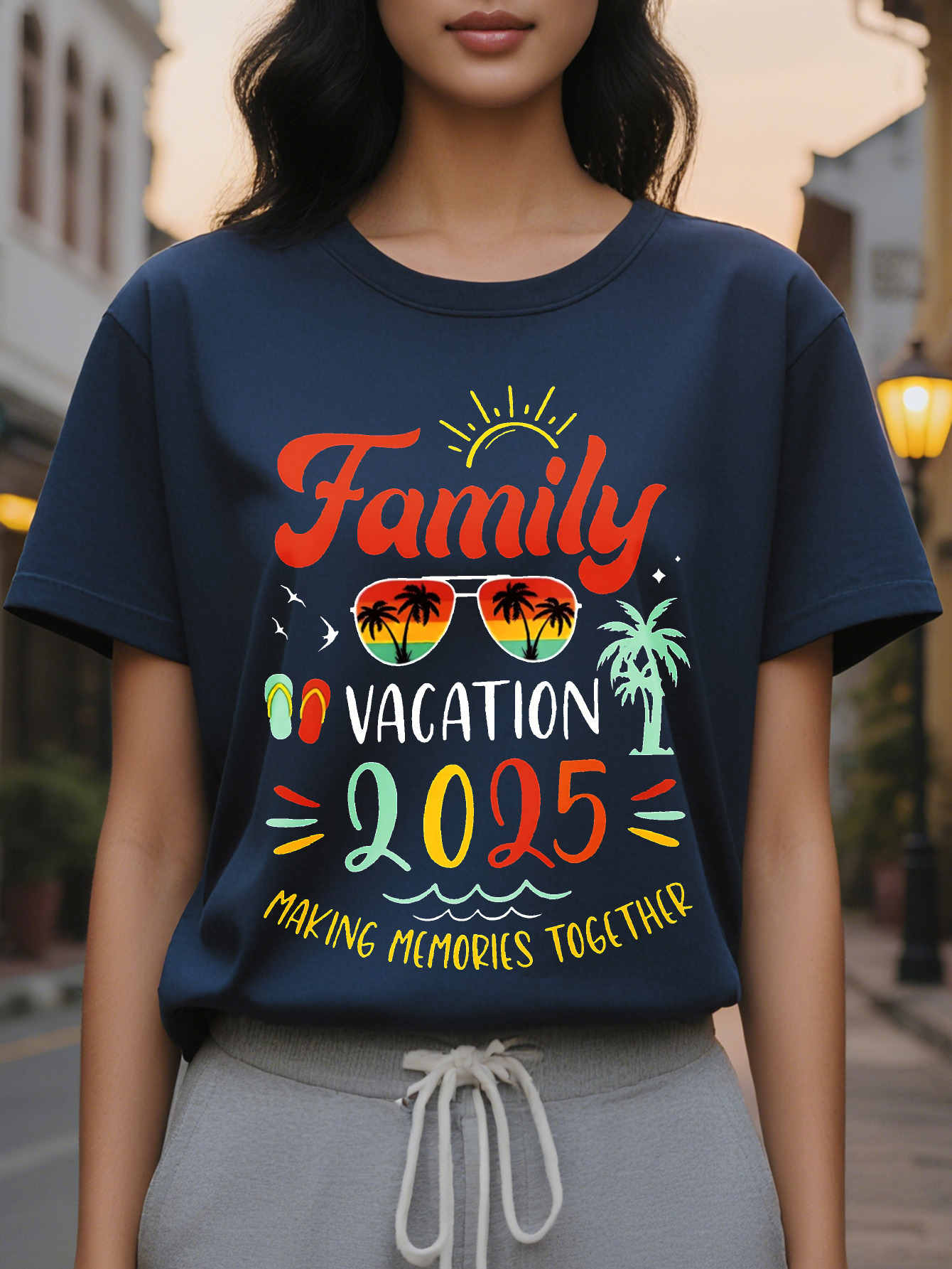 Large XL Women's Casual Graphic Print Round Neck T-Shirt Vacation Design with Palm Trees Sunset Medium Stretch Plus Size