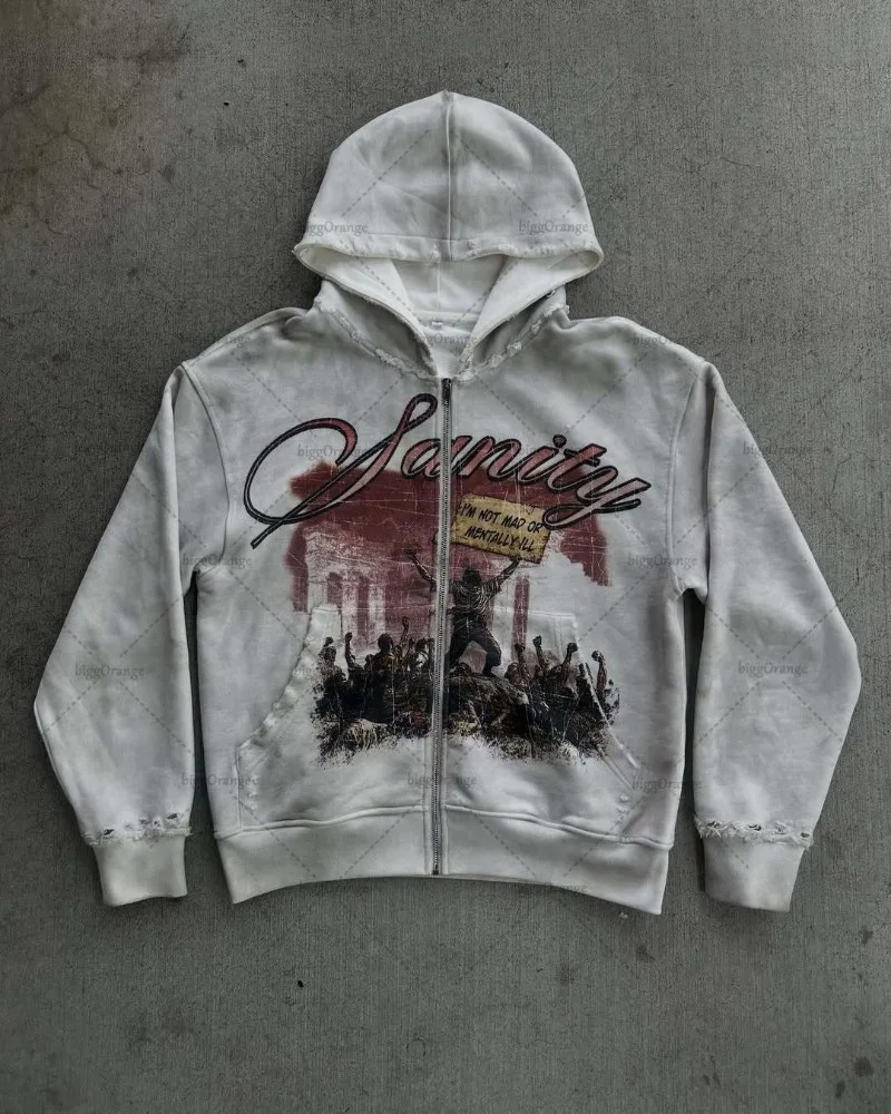 Fashion Harajuku High Street HipHop Oversized Zipper Hood Men Y2K Punk Retro Rock Letter Print Casual Sweatshirt Women 250904