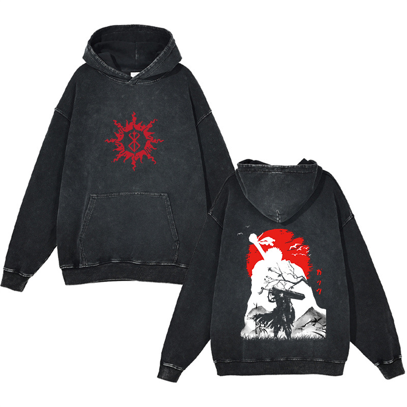 Heavyweight Cotton Washed Vintage Finish Berserk Anime Street Retro Hoodie - TT8313