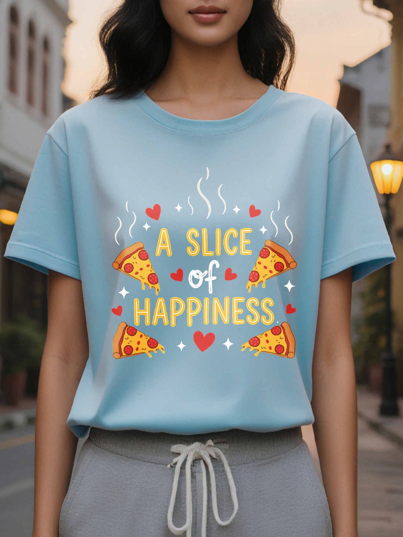Women's Black T-Shirt with a Piece of Happiness Pizza Pattern, Short Sleeve, Round Neck, Casual Summer Clothing, Fun