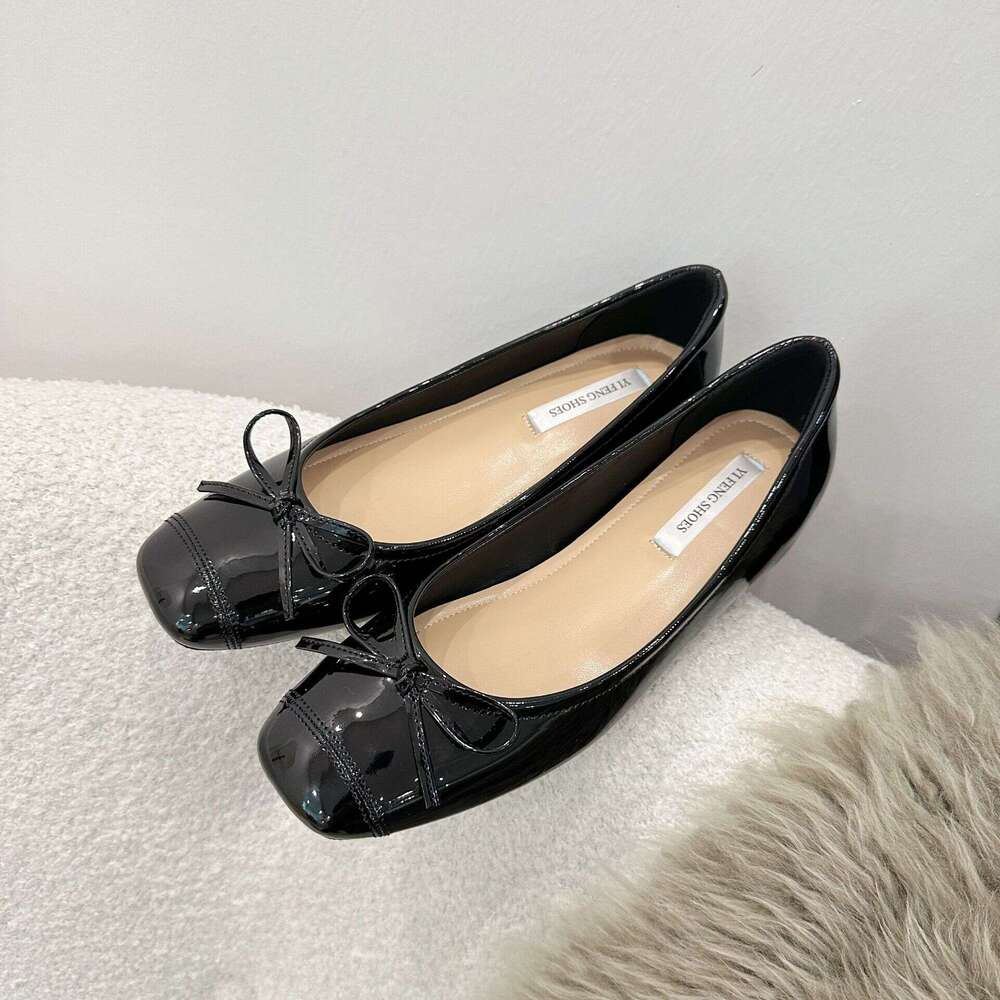 Women's Hidden Wedge with Bowknot, Square Toe, Flat Ballet Flats, Sweet and Versatile, Suitable for Outdoor Wear, Elegant Shallow Mouth Single Sh