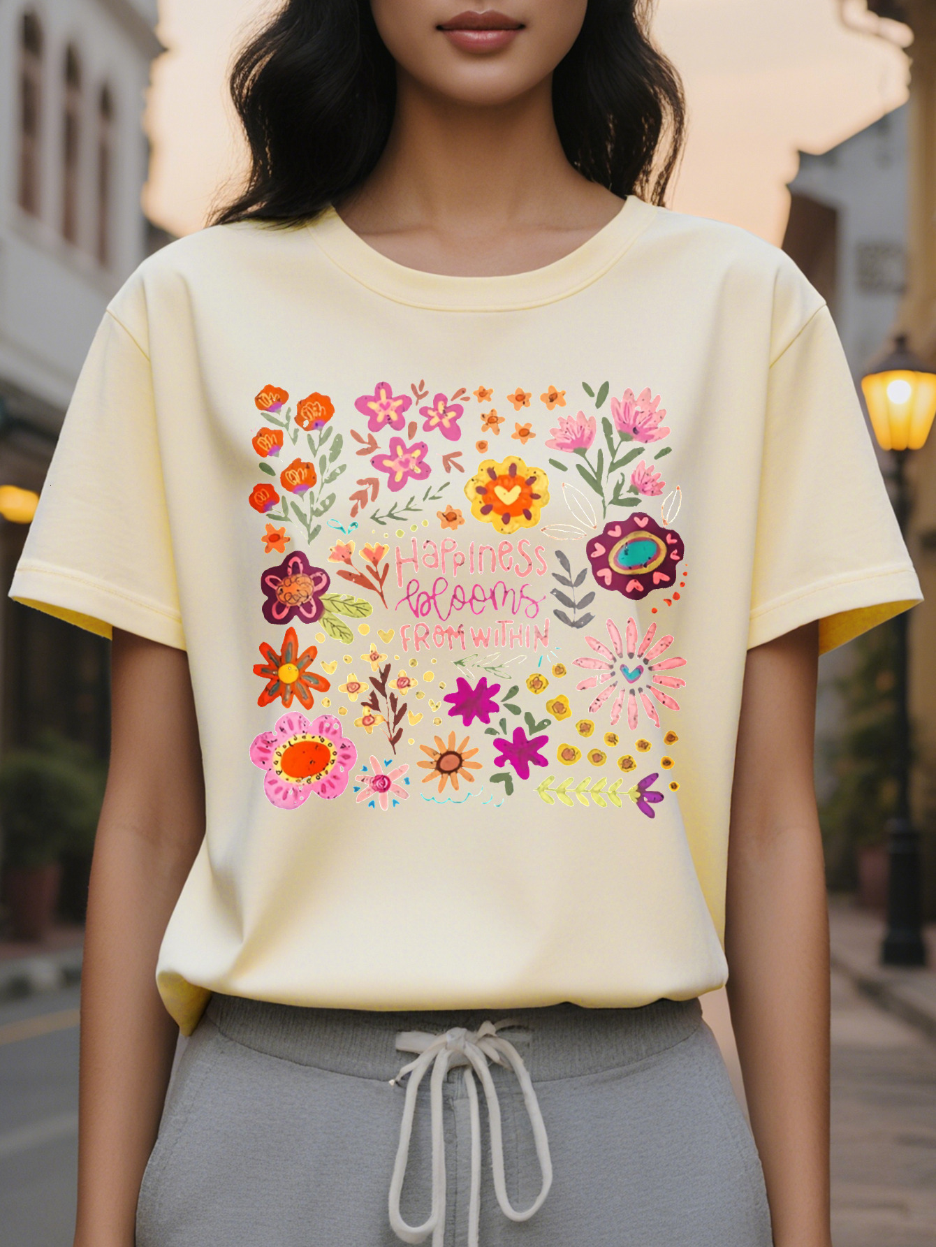 Large XL Women S Casual Floral Print Round Neck Short Sleeve T-Shirt Happiness Is Within Motivational Quote Dark Gray With Plus Size