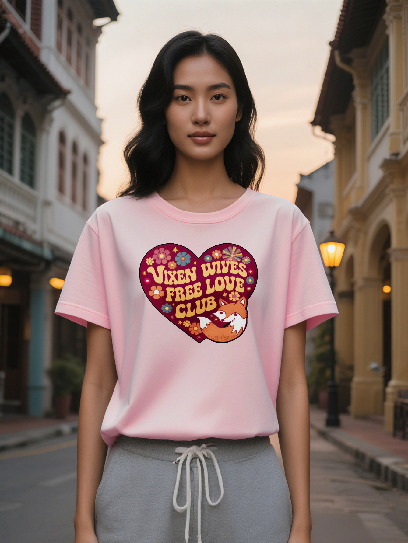 Large XL Women's Casual Short Sleeve T-Shirt Black Top with Vibrant Heart Shaped Floral Vixen Wives Free Love Club Graphic Plus Size