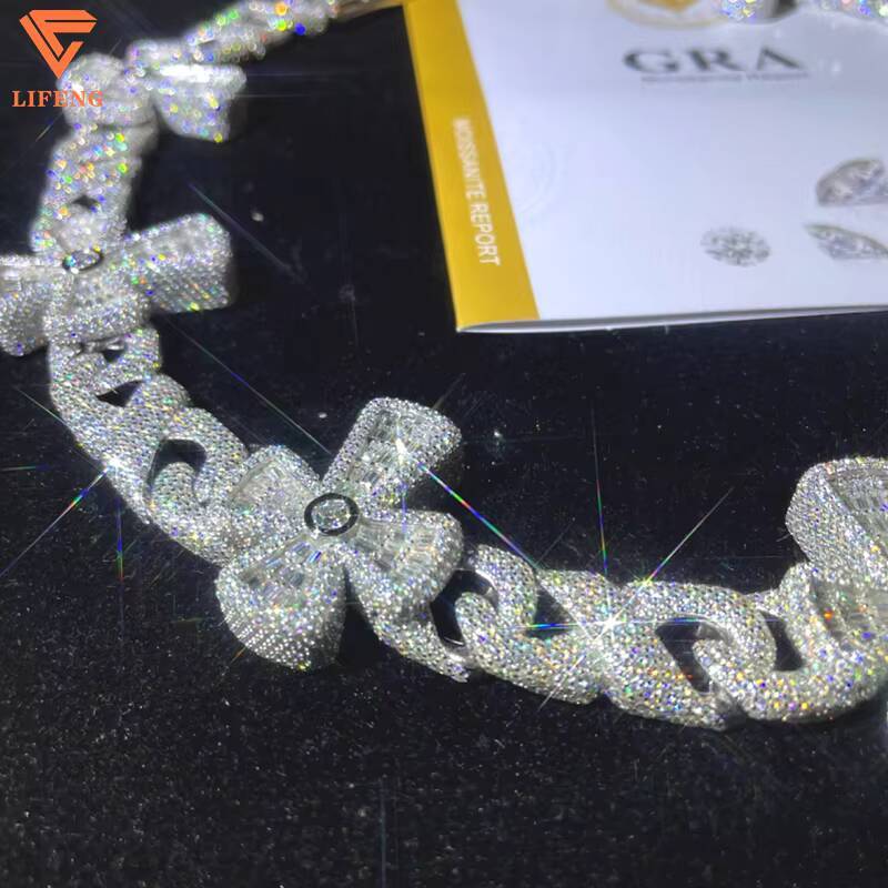 New Cross Cuban Link Chain 925 Silver Baguette Moissanite Iced Diamond Hip Hop Necklace for Men Cluster Necklace