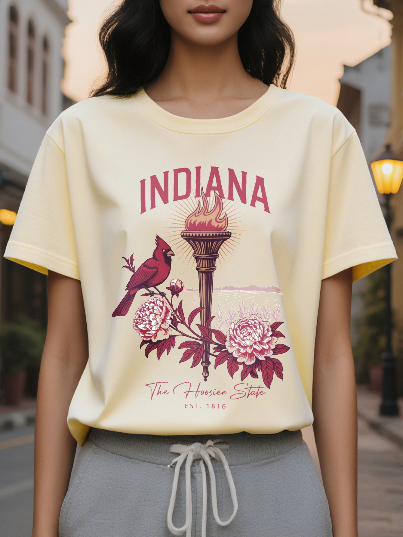Women's Indiana pattern T-shirt white with red retro design established in round neck casual jacket light summer