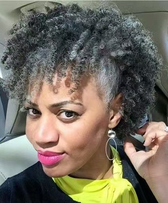 4C afro coily kinky curly gray human wigs silver grey salt and pepper color two tone mixed crochet braid wigs none lace machine made top scalp natural