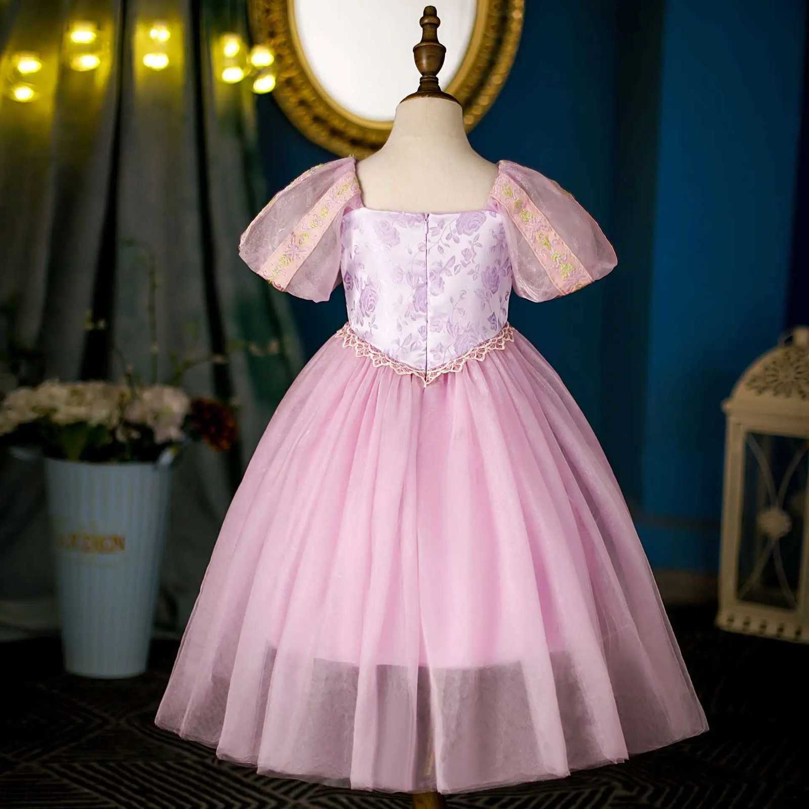 2025 Long Hair Princess Dress Rapunzel Girls Short Sleeve Summer Glowing Mesh Dress Childrens Day Dress Z250904